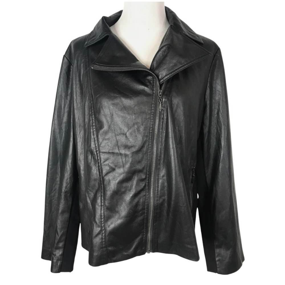CHICO'S Black Vegan Leather MOTO MOTORCYCLE JACKET Full Zip Pockets Knit Sides 0